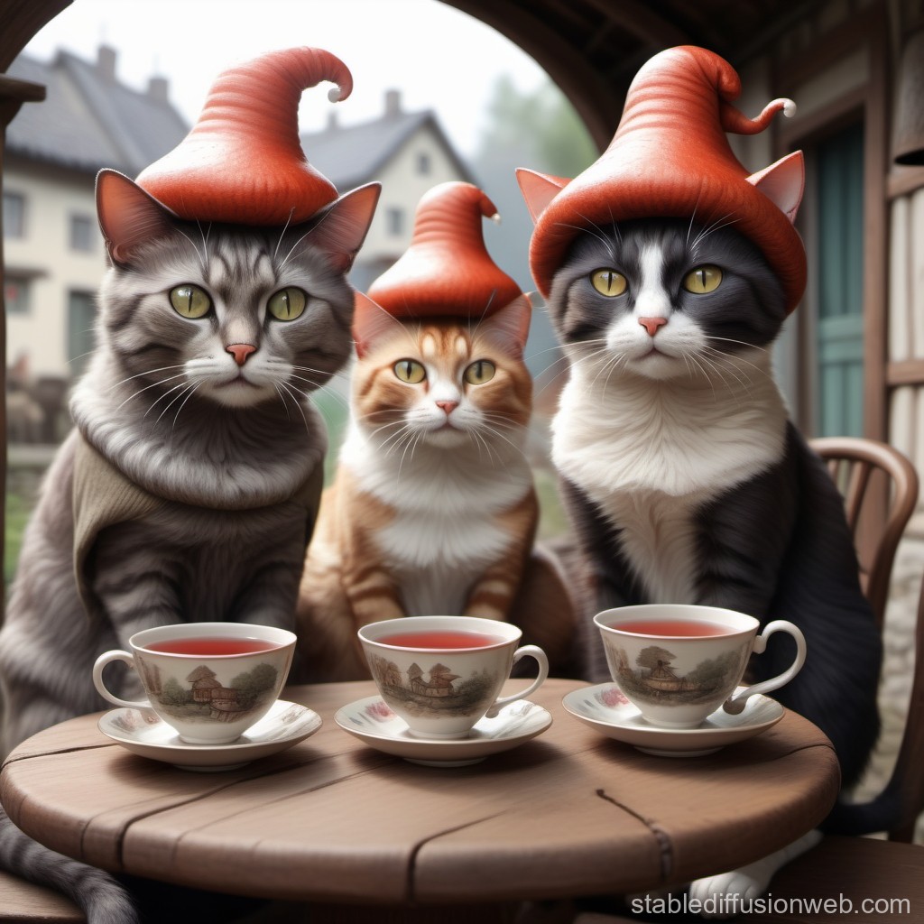 Three Cats Wearing Witch Hats Having Tea