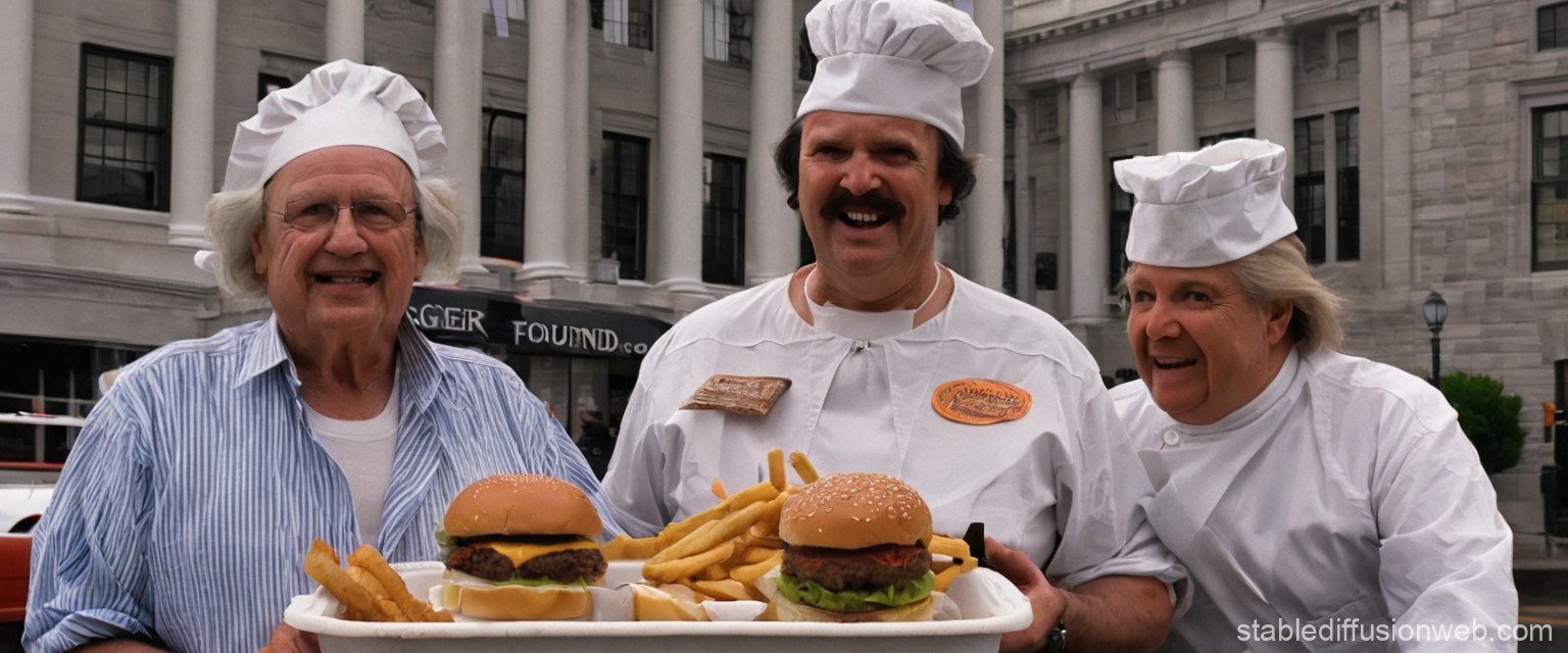 Three Chefs Presenting Burgers and Fries Outdoors