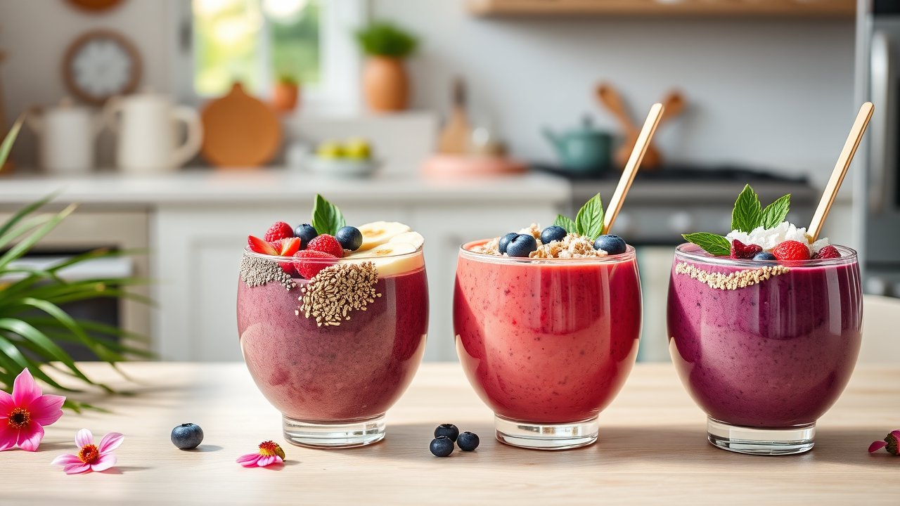 Three Colorful Berry Smoothies in Glasses on Kitchen Counter