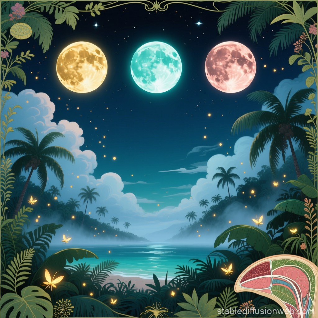 Three Colorful Moons Over a Caribbean Nightscape