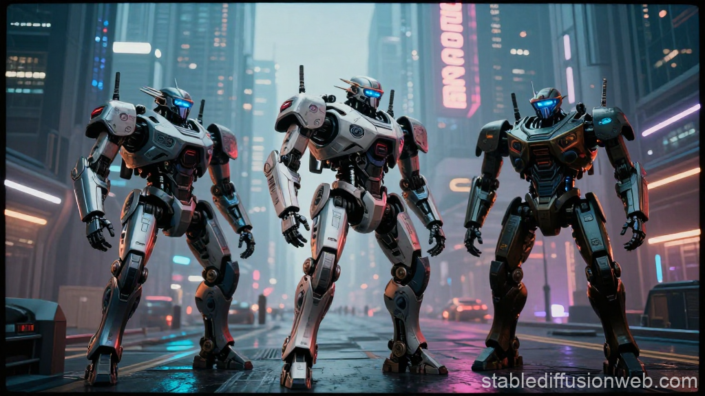 Three Cyberpunk Robots Standing in Futuristic City Street