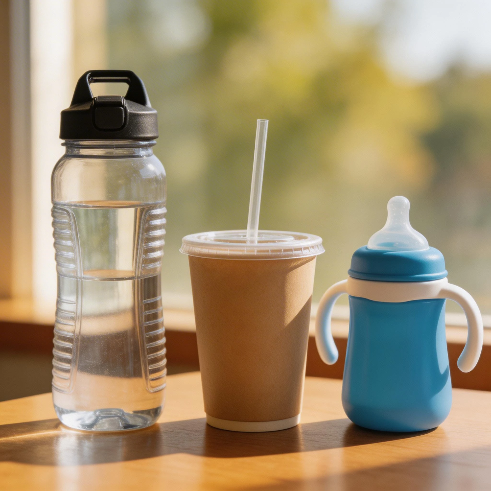 Three Different Drink Containers on Wooden Table