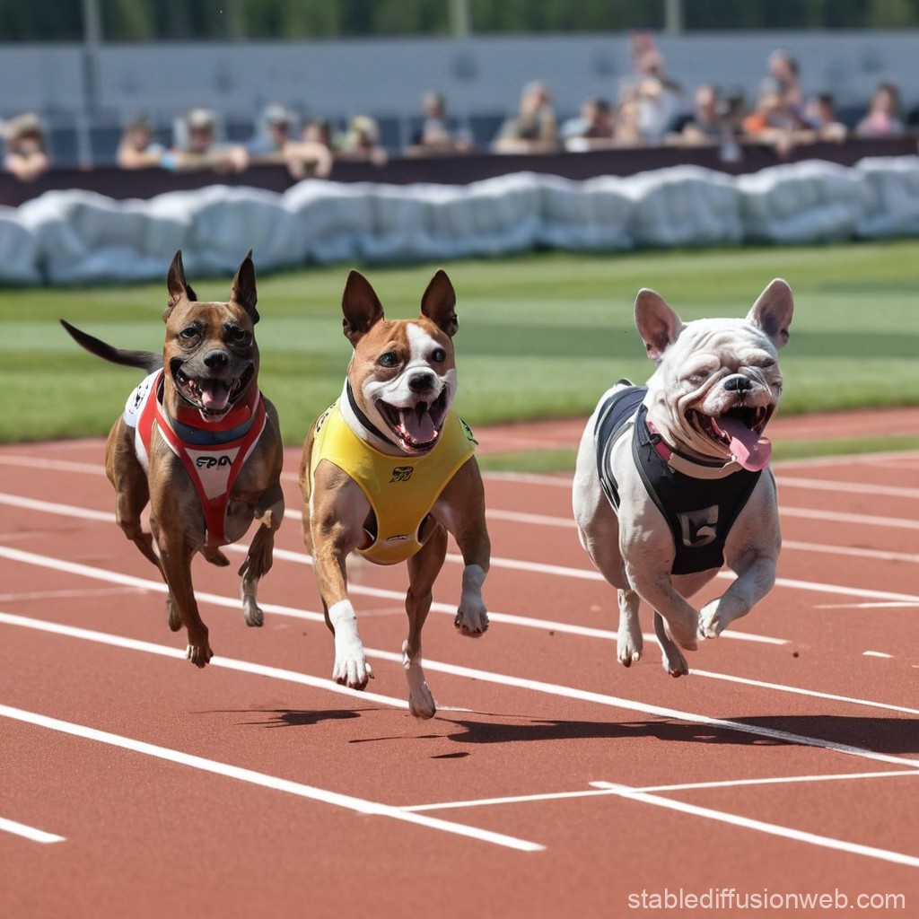 Three Dogs Racing on a Track with Excited Expressions