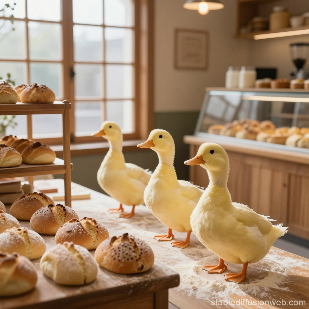 Three Ducks in a Cozy Bakery with Fresh Bread