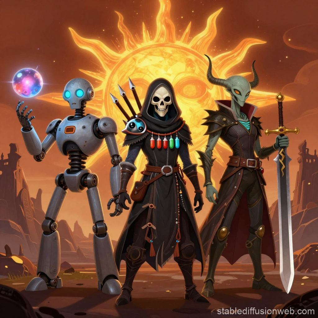 Three Fantasy Characters Standing Before a Fiery Sun