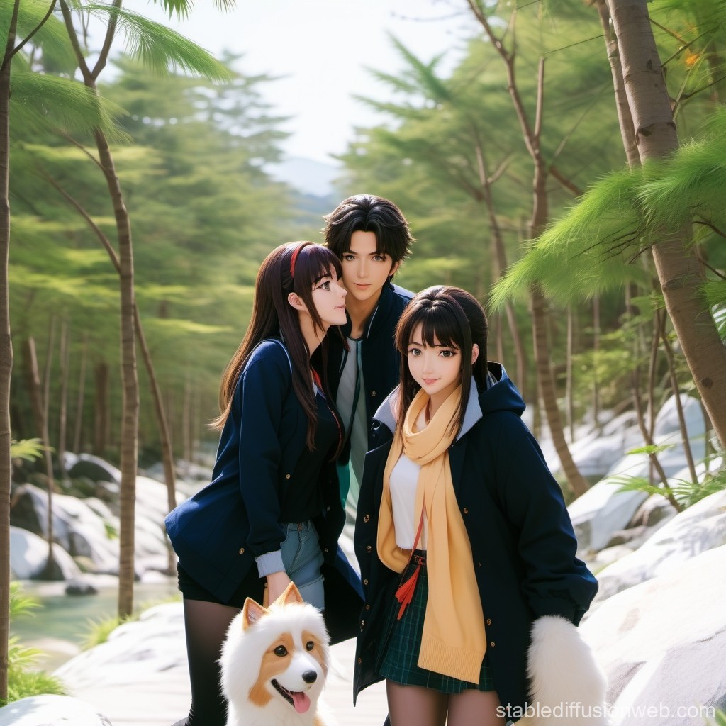 Three Friends and a Dog in a Serene Forest Setting