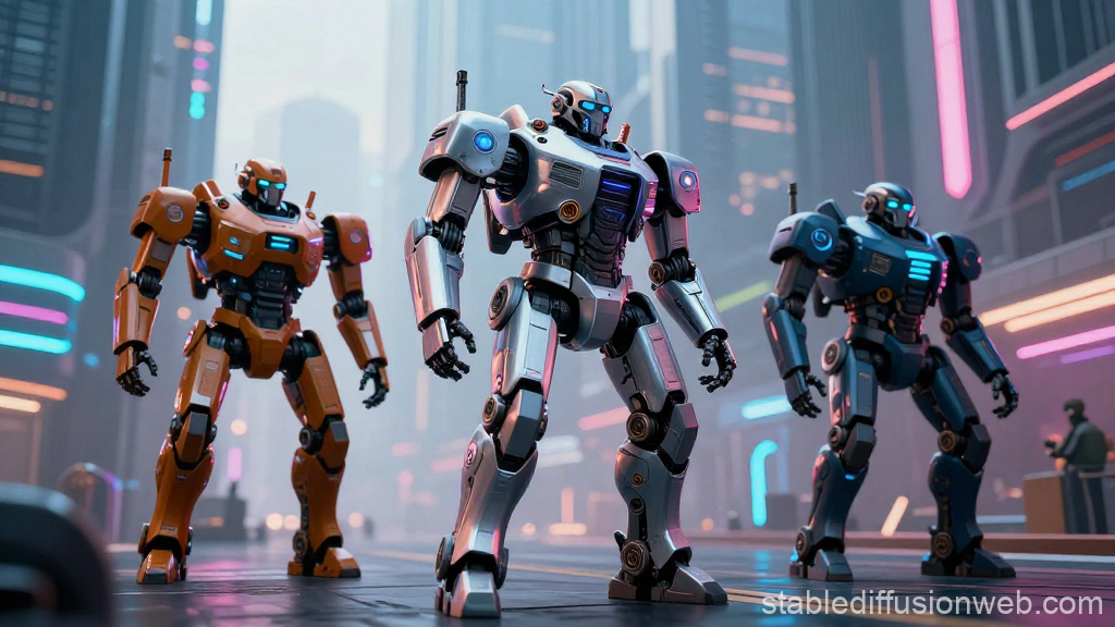 Three Futuristic Robots in Cyberpunk Cityscape