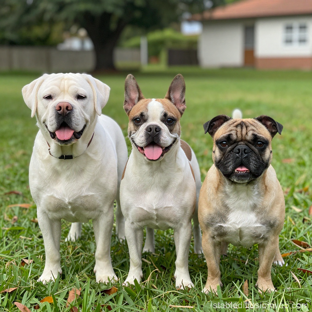 Three Happy Dogs Standing on Grass Outdoors