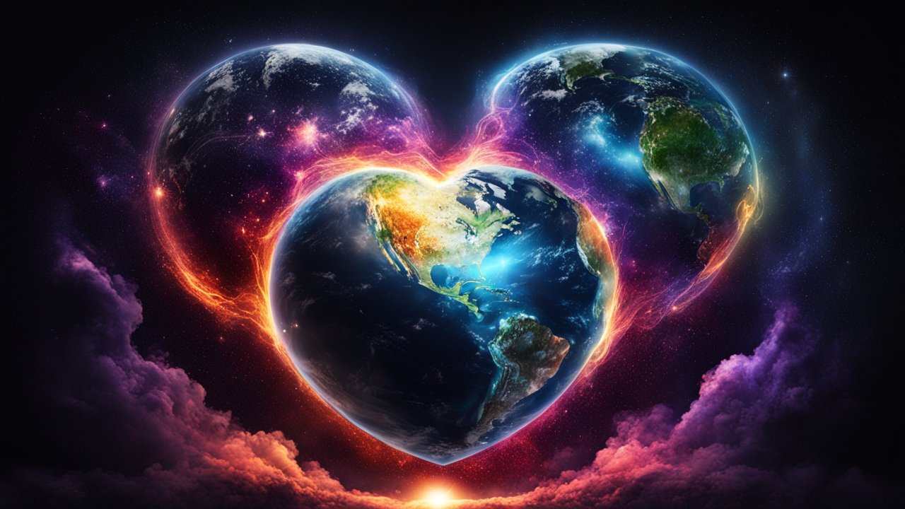 Three Heart-Shaped Earths Connected by Energy Streams