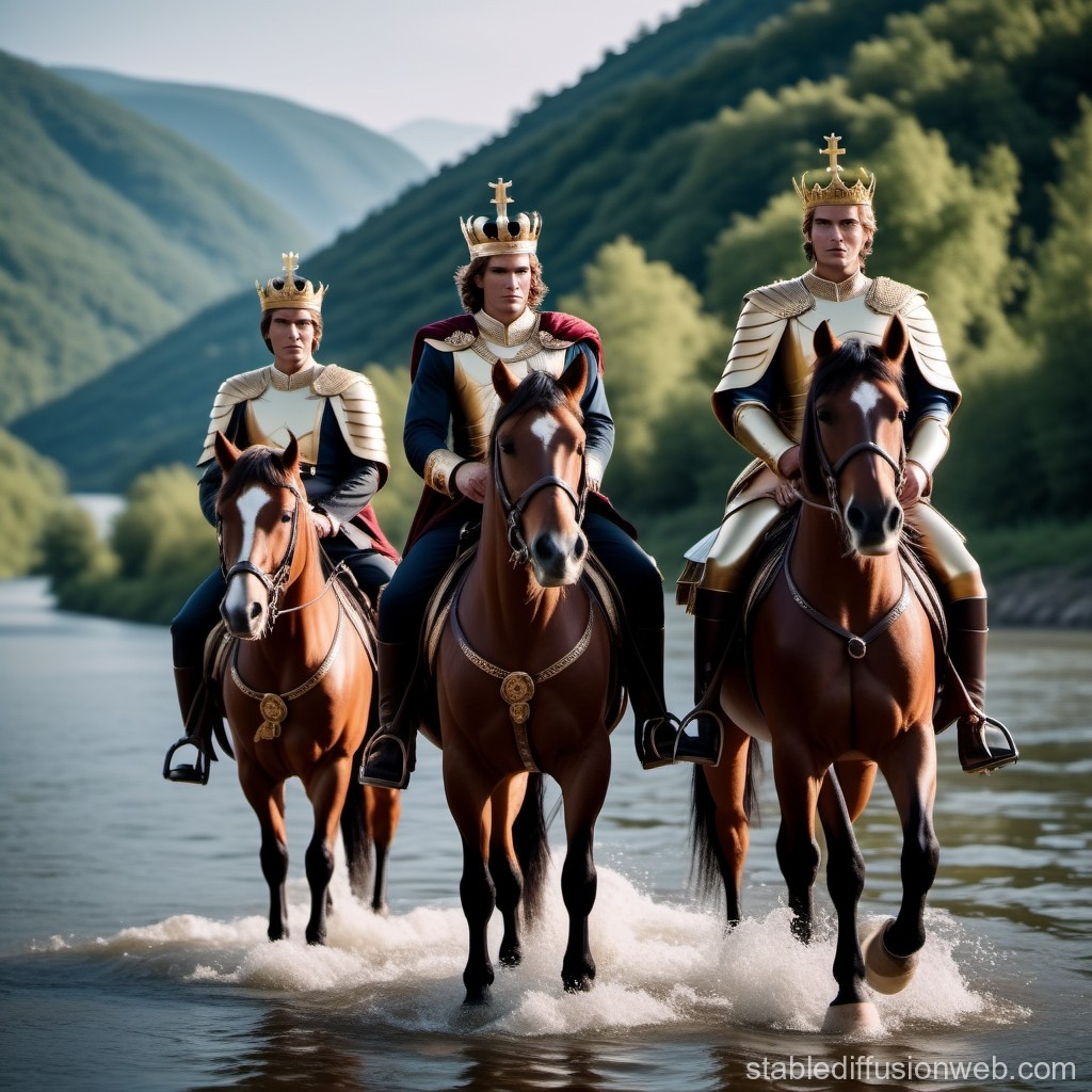 Three Kings on Horseback Crossing a River in Regal Armor
