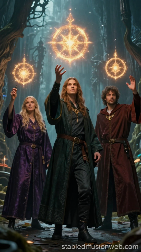 Three Mages Casting Magical Spells in Enchanted Forest