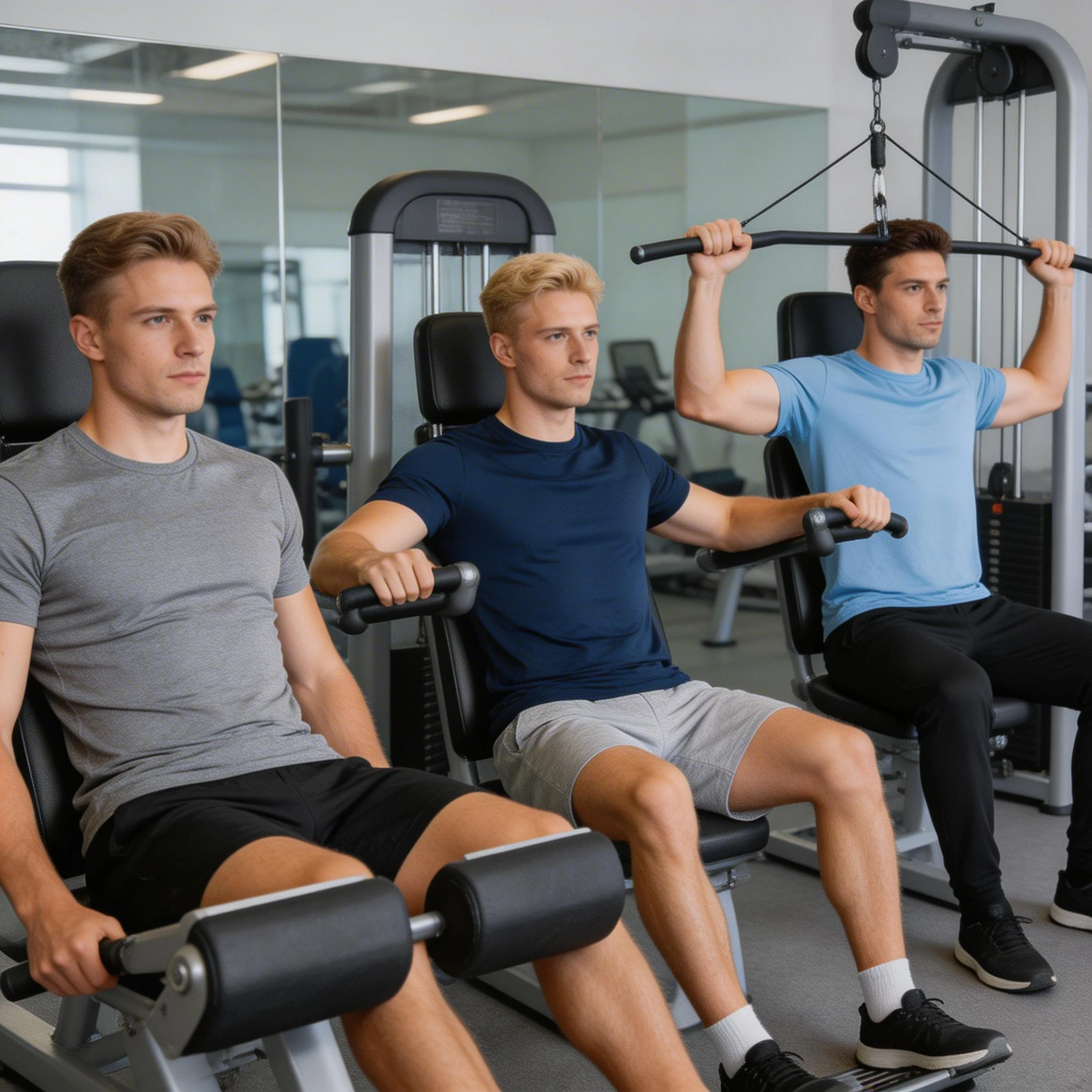 Three Men Exercising on Gym Machines