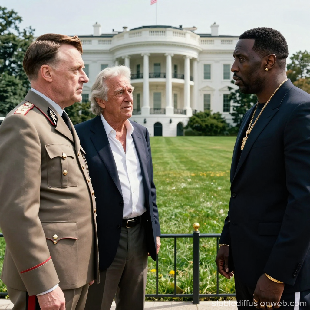 Three Men in Formal Attire Conversing Outside the White House