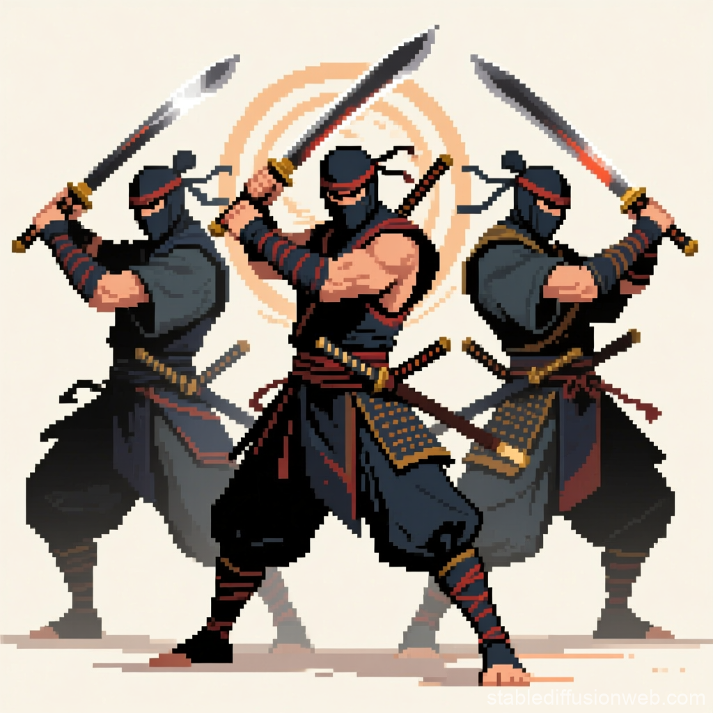 Three Pixel Art Ninjas in Sync with Swords