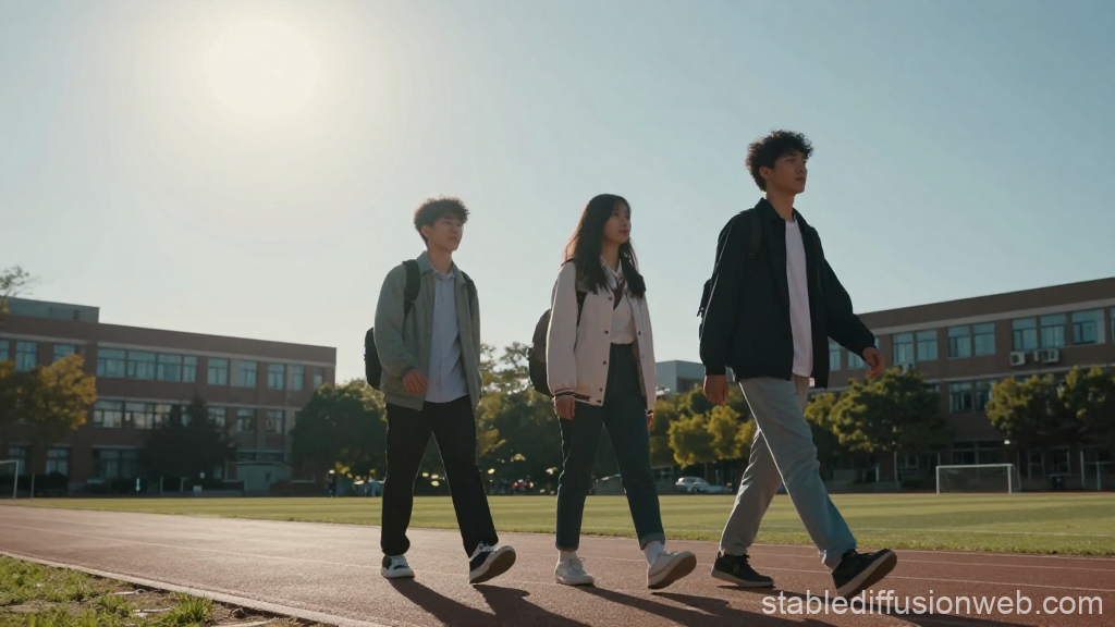 Three Students Walking on School Track in Sunlight