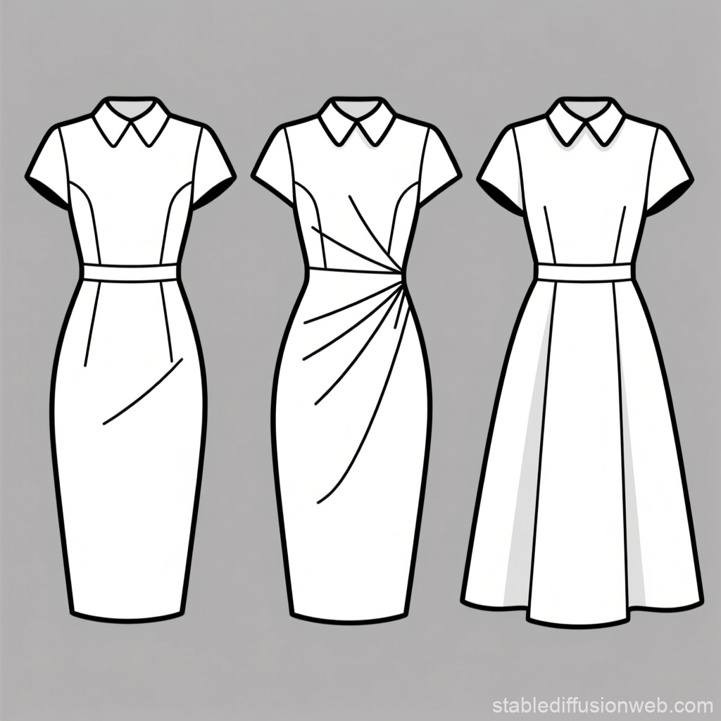 Three White Dresses with Collars Fashion Sketches