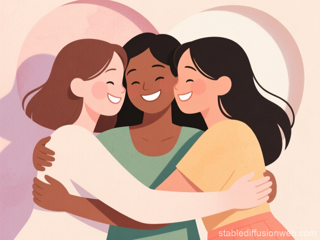Three Women Embracing with Warm Smiles