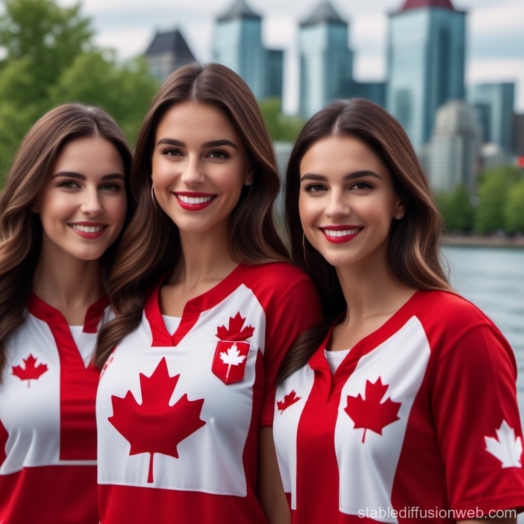 Three Women Wearing Canadian Flag Jerseys by the Waterfront