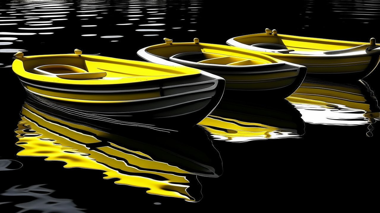 Three Yellow Rowboats Reflecting on Dark Water
