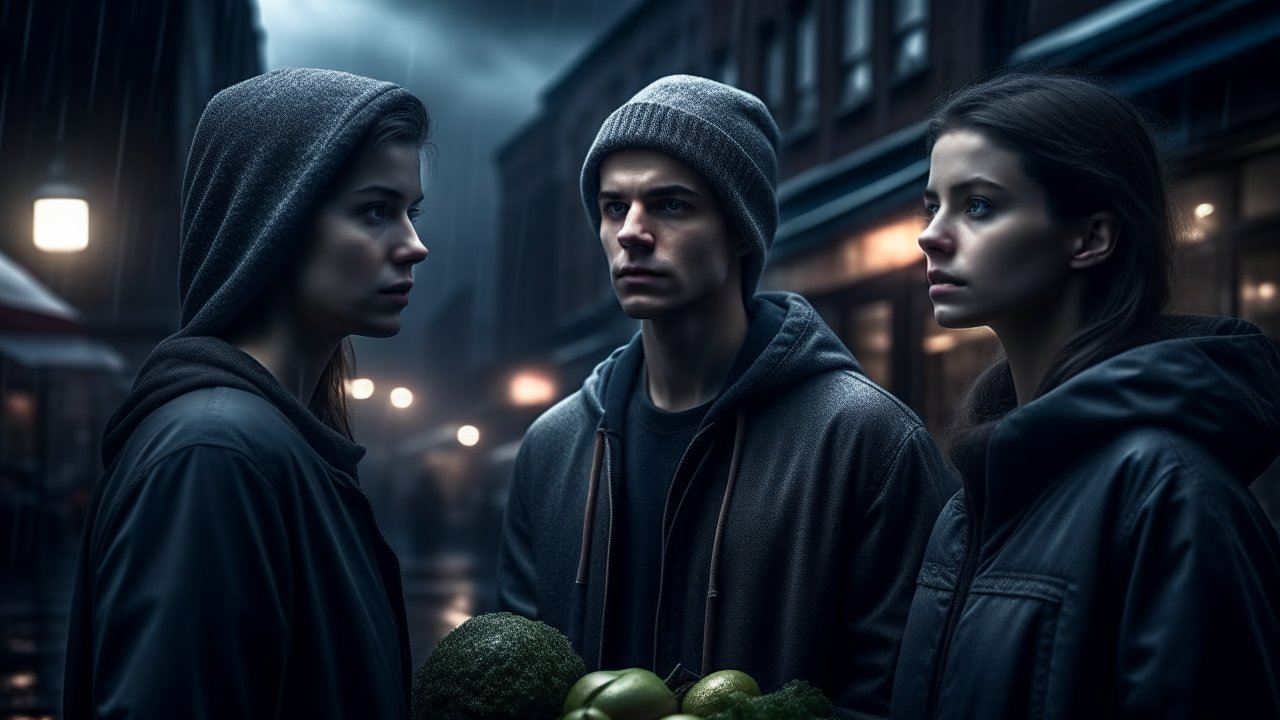 Three Young People in Hoodies on a Moody Urban Night