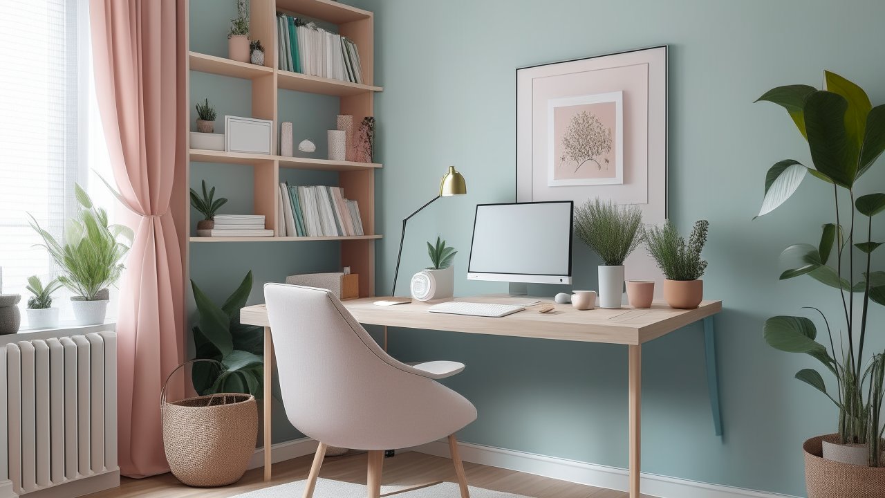 Tidy and Cozy Home Office with Pastel Decor