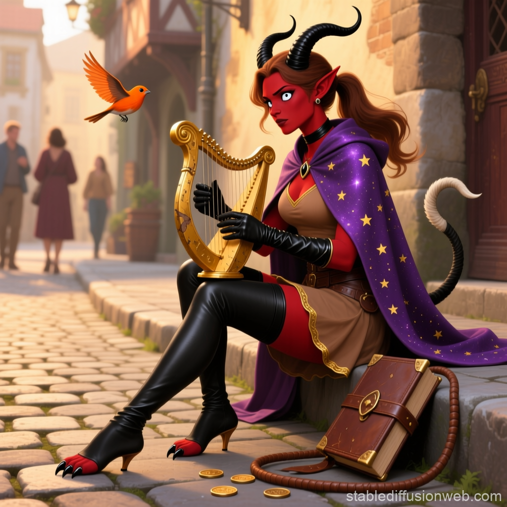 Tiefling Harpist Playing on Cobblestone Street