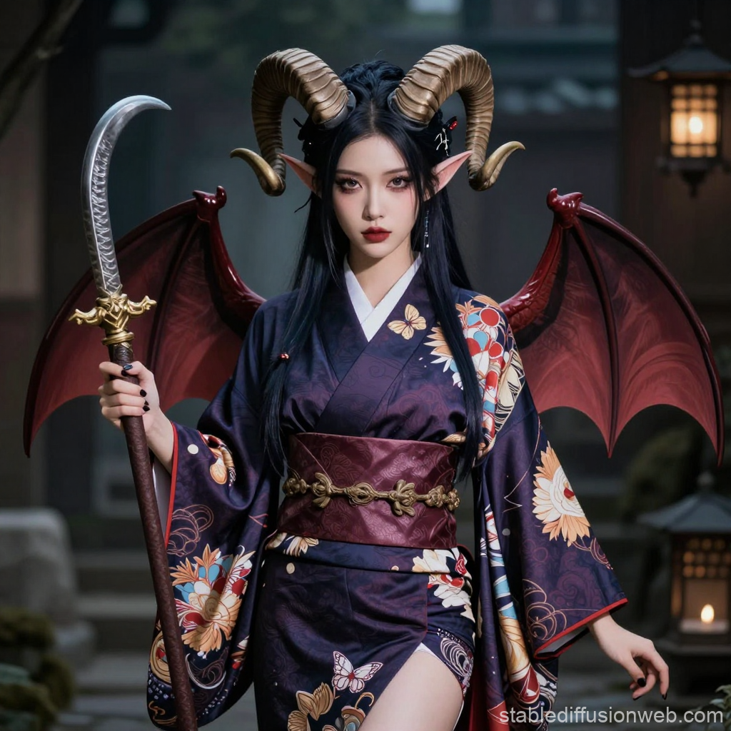 Tiefling Rogue in Elegant Kimono with Horns and Wings