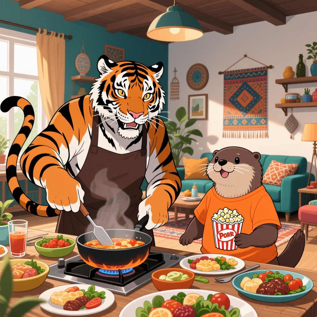 Tiger Cooking a Feast with Otter Friend in Cozy Living Room