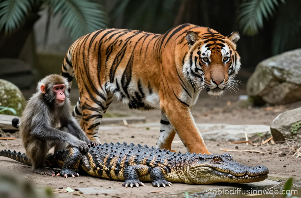 Tiger, Monkey, and Crocodile Together in Natural Setting