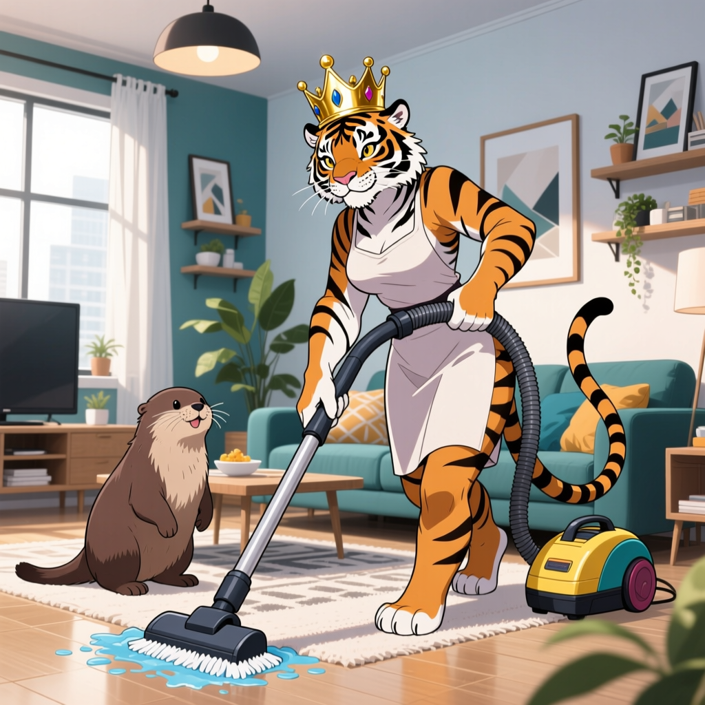 Tiger Queen Vacuuming with Otter Companion in Cozy Living Room