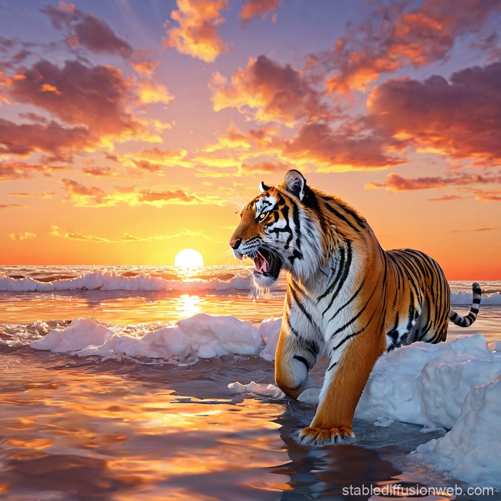 Tiger Walking on Ice at Sunset