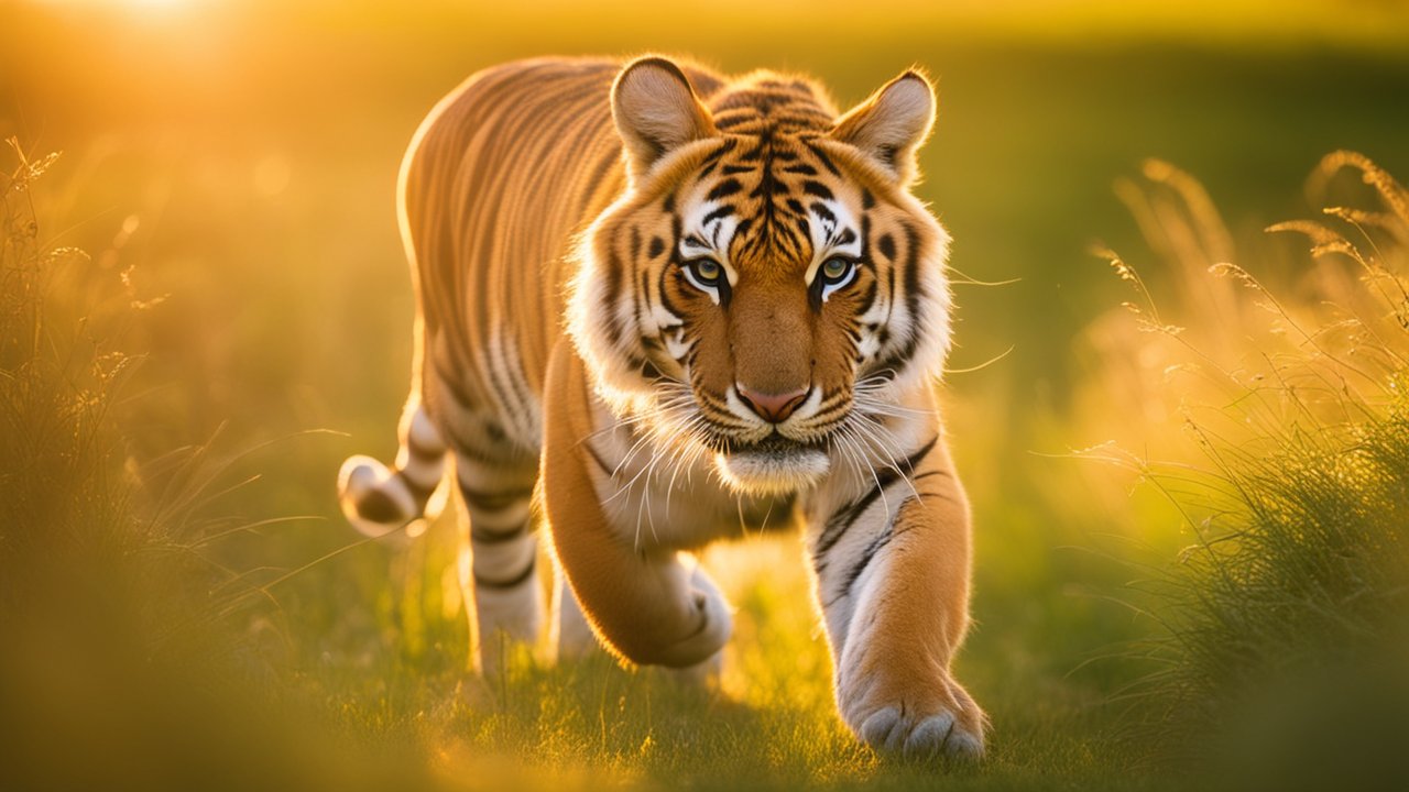 Tiger Walking Through Sunlit Grass