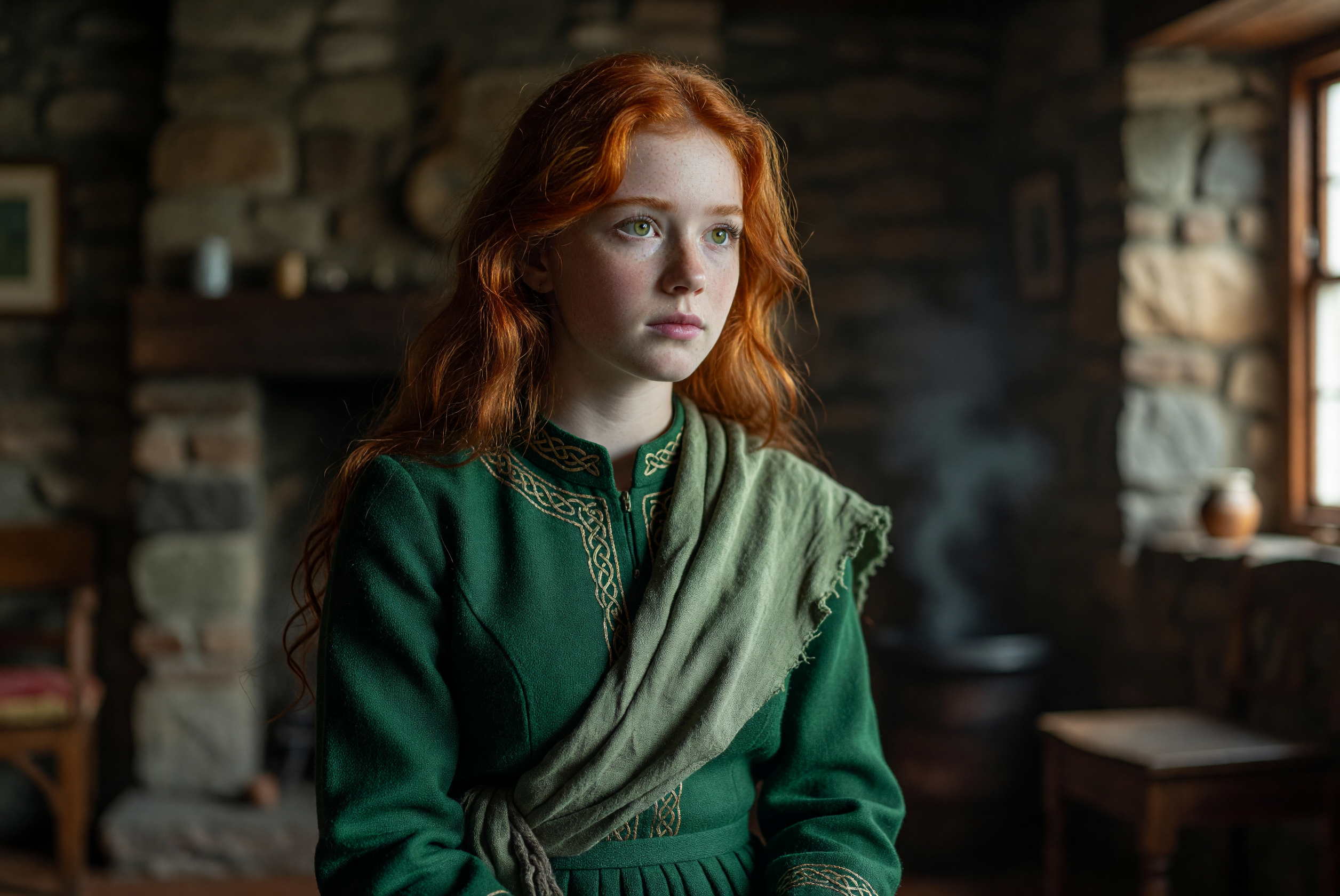 Timeless Gaze of a Celtic Redhead in Traditional Attire