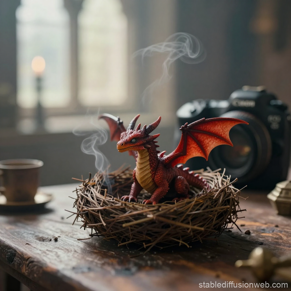 Tiny Red Dragon Sitting in a Nest with Smoke