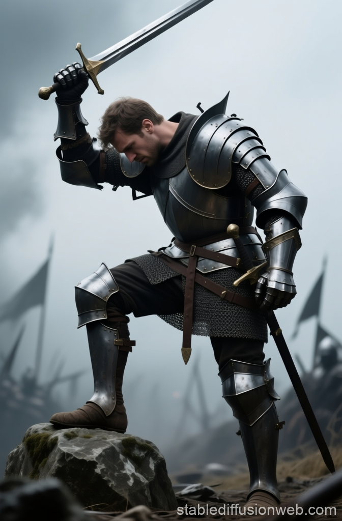 Tired Knight in Full Armor Holding Sword