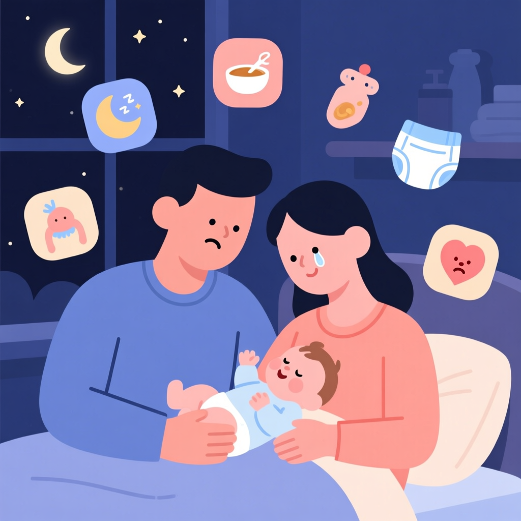 Tired Parents Caring for Happy Baby at Night