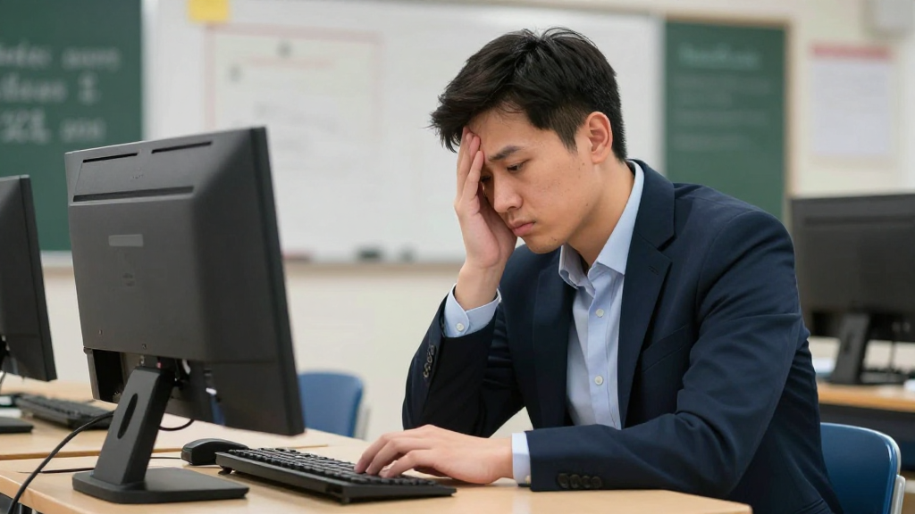 Tired Teacher Working at Computer in Classroom