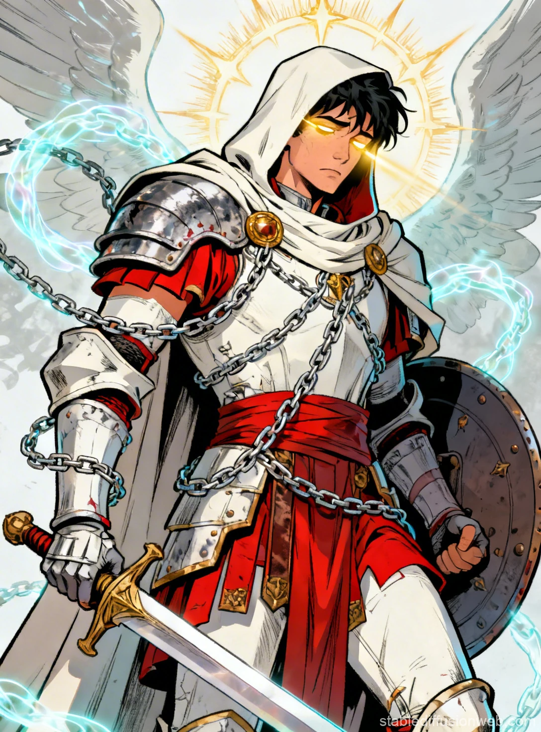 Tired Warlock Angelic Knight with Glowing Eyes