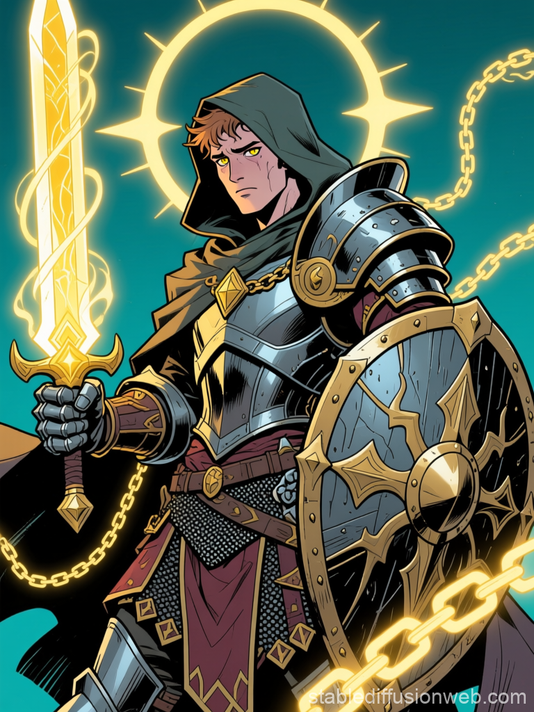 Tired Warlock Knight with Glowing Sword and Shield