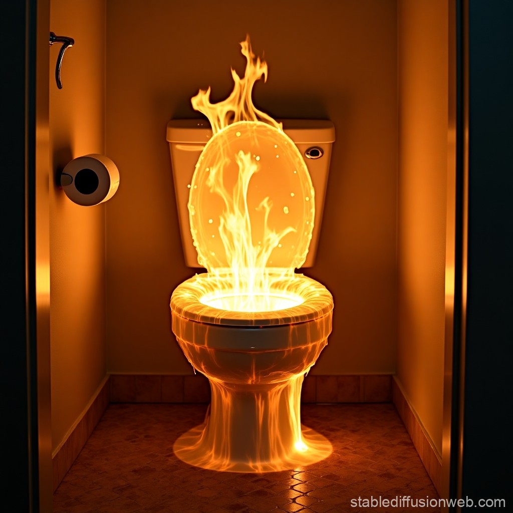 Toilet Engulfed in Fiery Flames in a Dimly Lit Bathroom