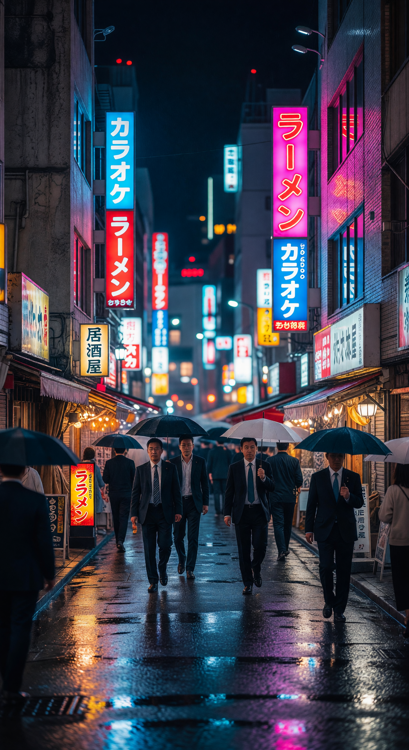 Tokyo Neon Night Street with Businessmen and Umbrellas
