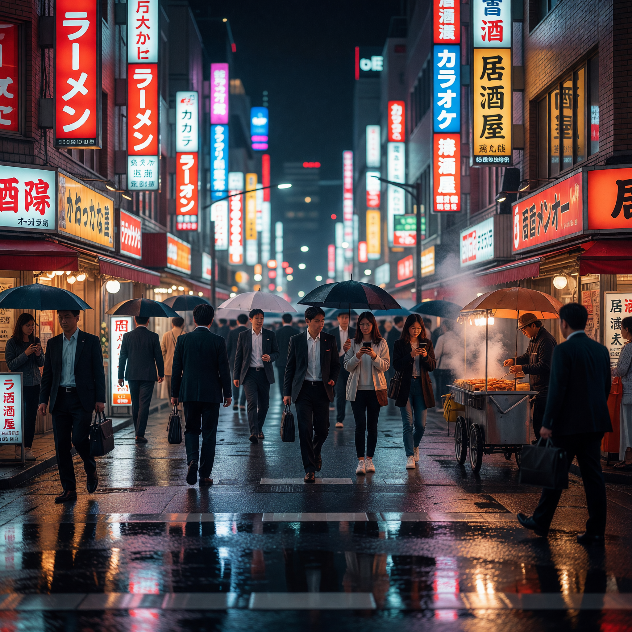 Tokyo Neon Night Street with Umbrellas and Food Stall