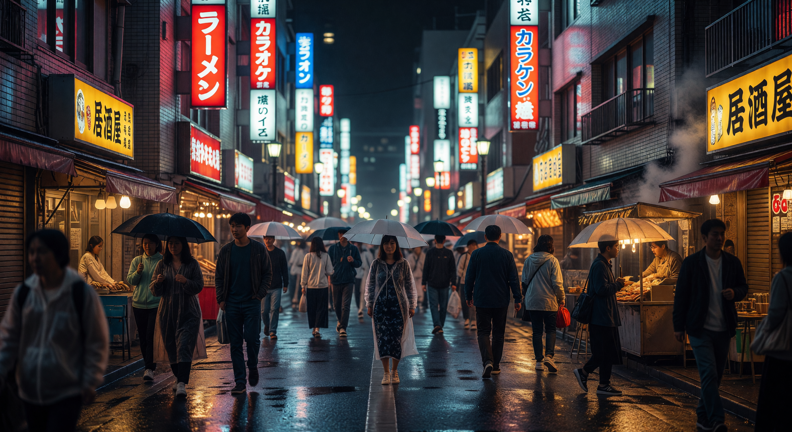 Tokyo Neon Street at Night with Umbrellas and Rain
