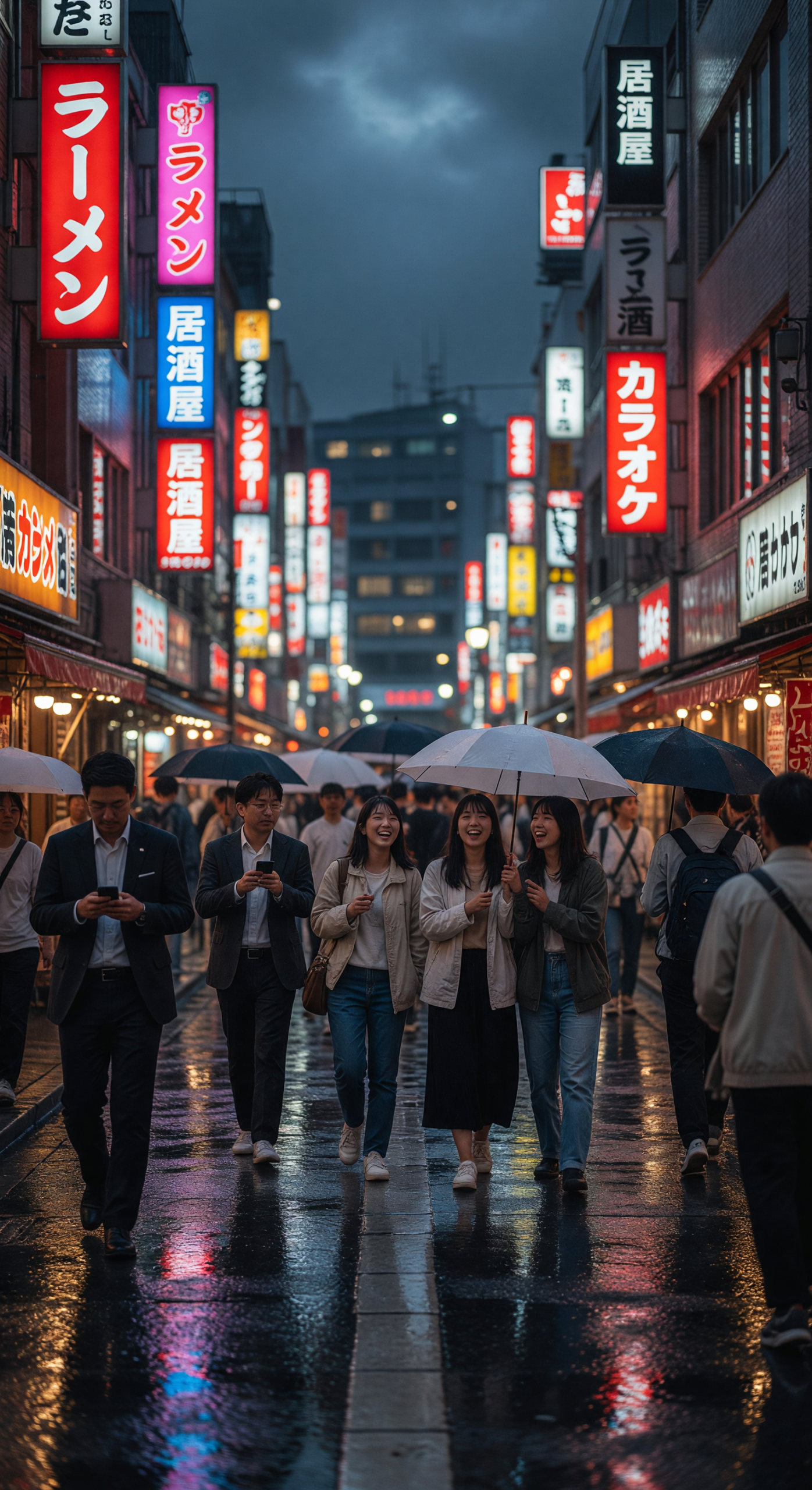 Tokyo Neon Street Reflections on a Rainy Evening