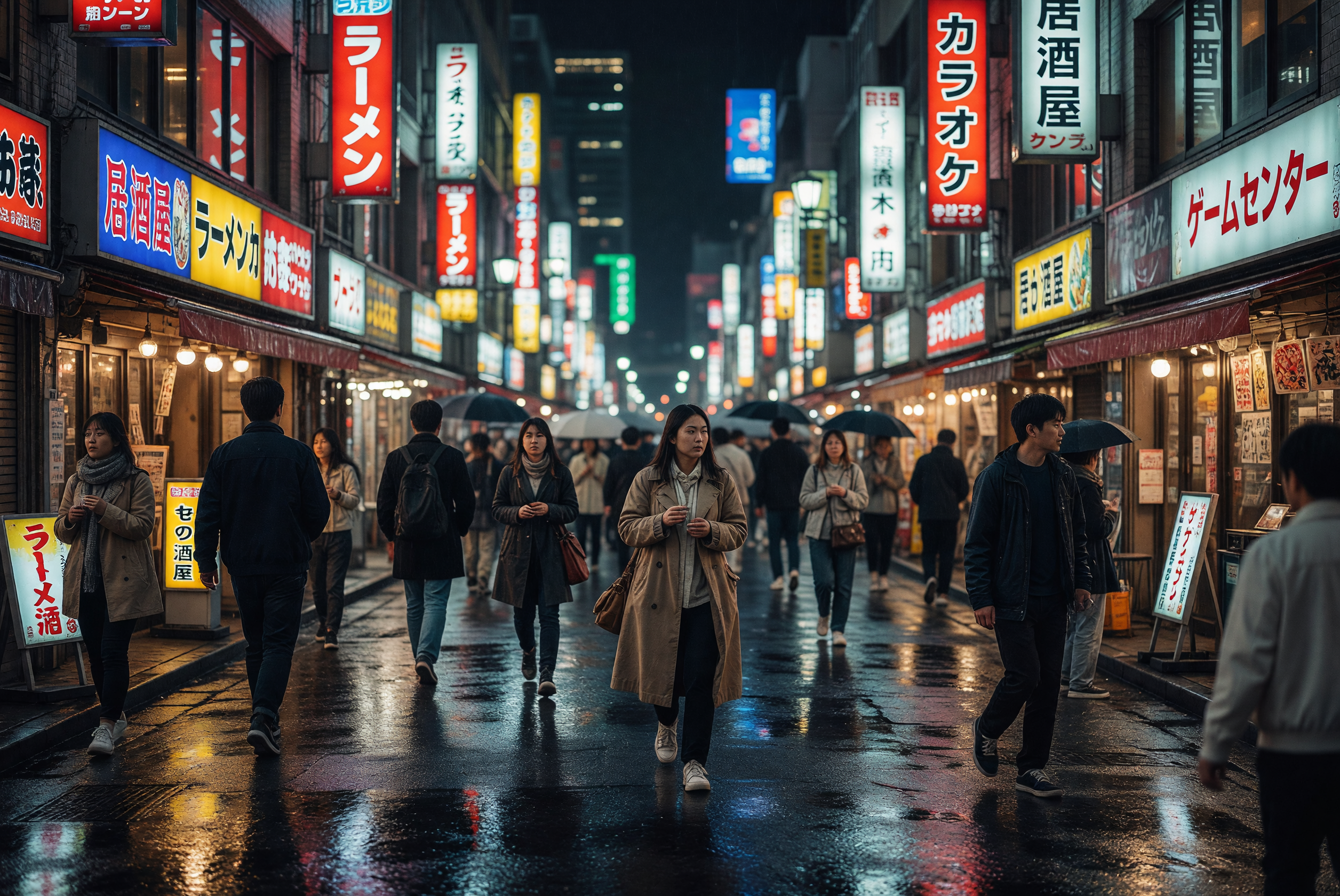 Tokyo Night Street with Neon Reflections