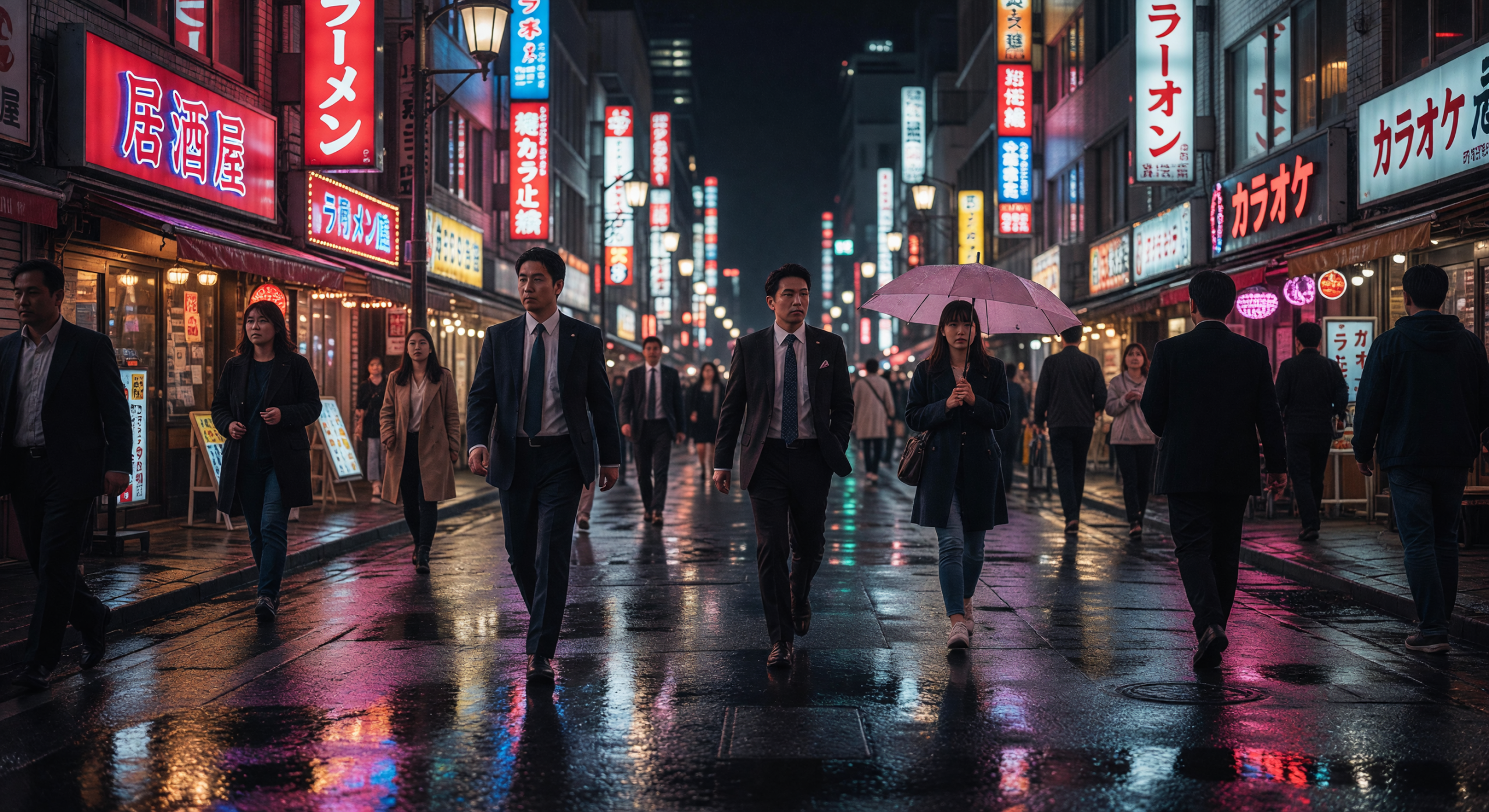 Tokyo Night Street with Neon Reflections and People Walking