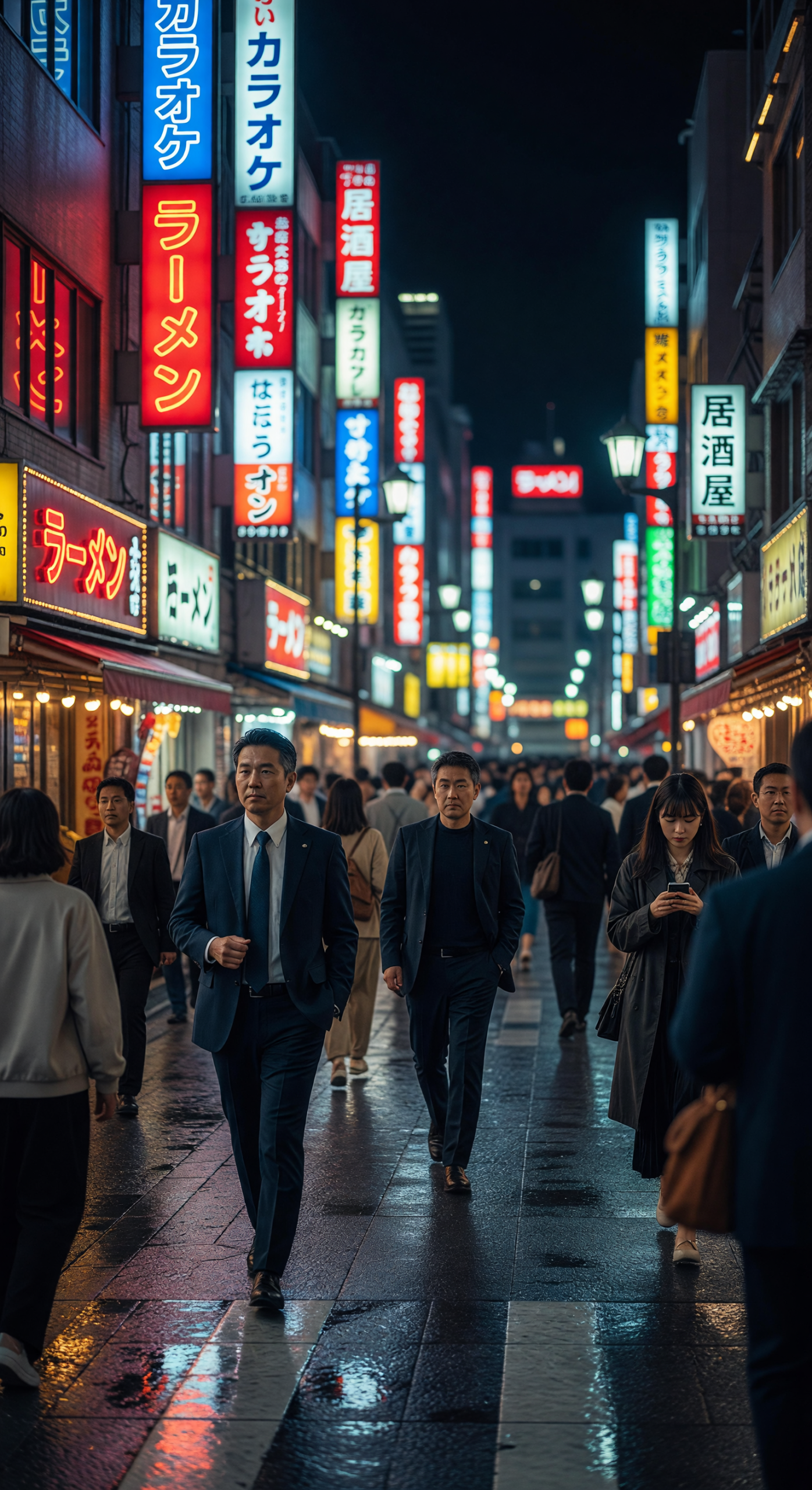 Tokyo Night Street with Neon Signs and Commuters