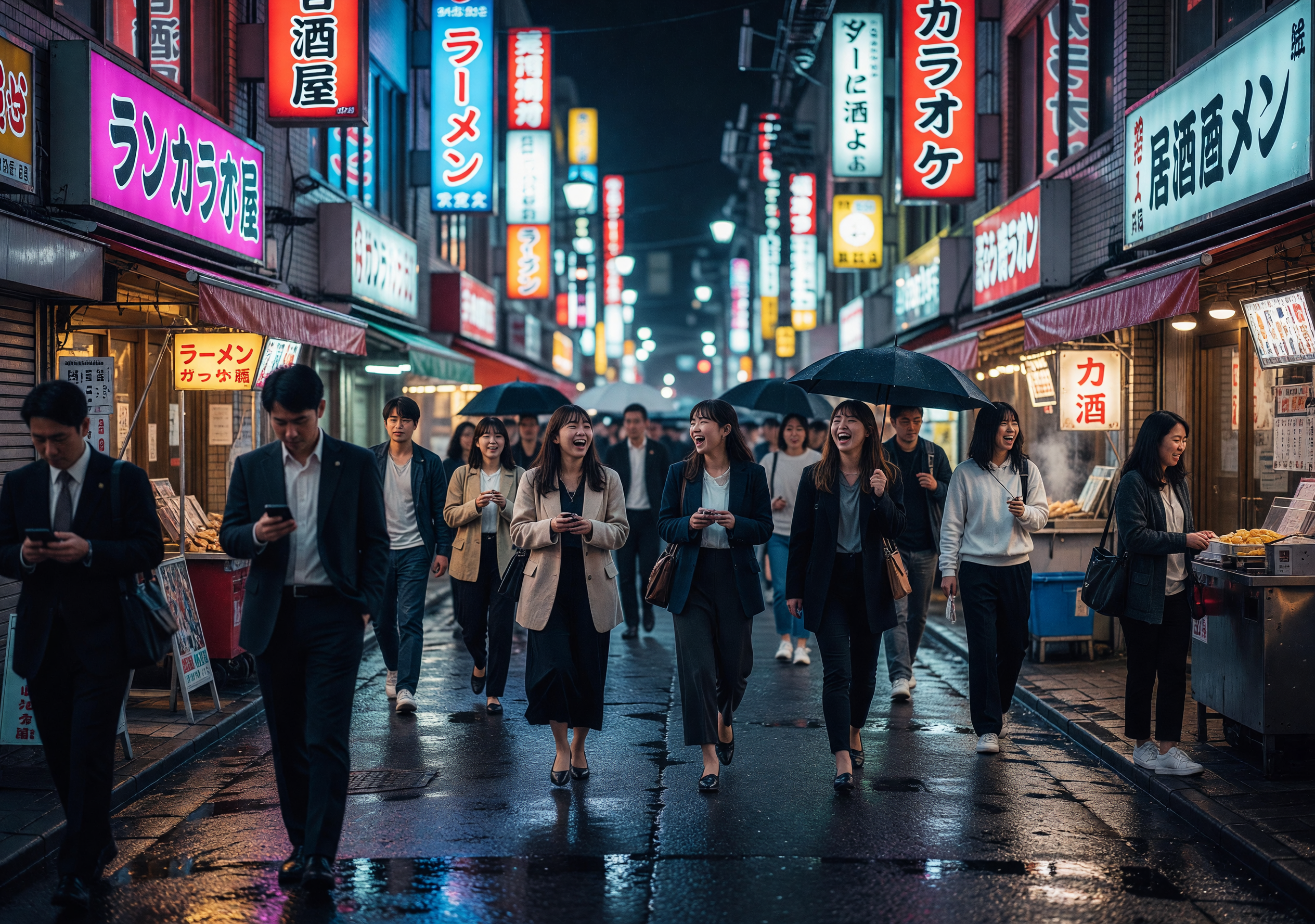Tokyo Night Street with Neon Signs and People in Rain