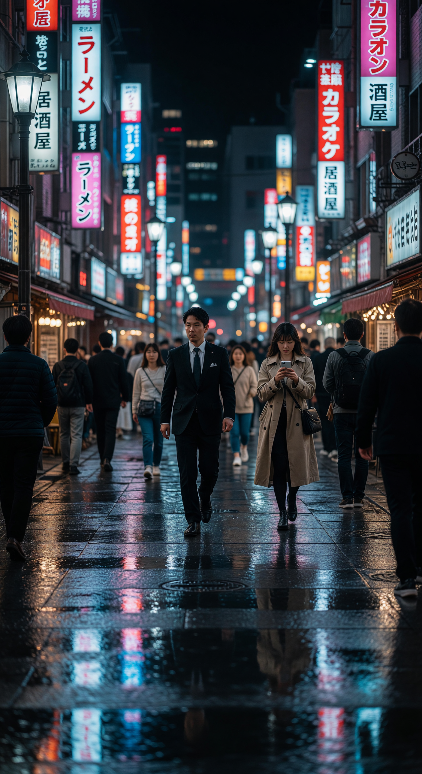 Tokyo Night Street with Neon Signs and People Walking