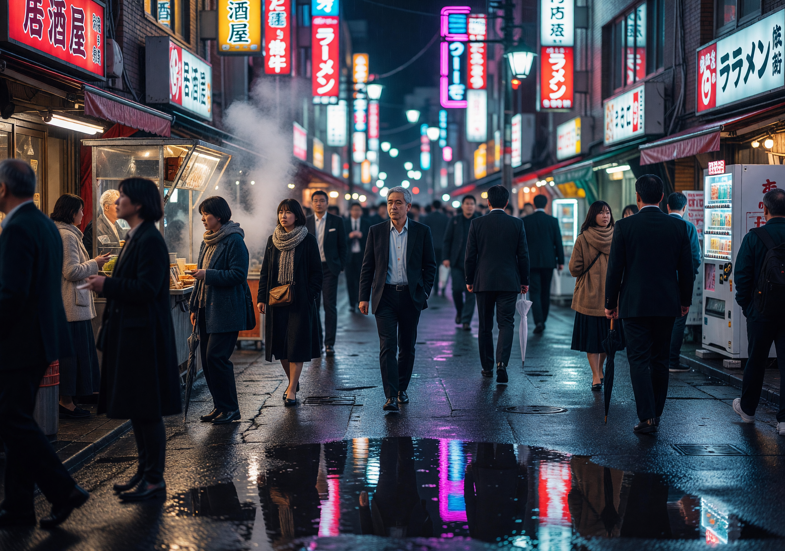 Tokyo Night Street with Neon Signs and Wet Reflections